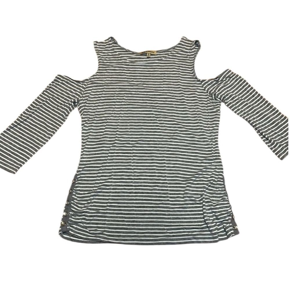 Democracy Cold Shoulder Top, 3/4 sleeves, soft, grey white stripes, medium